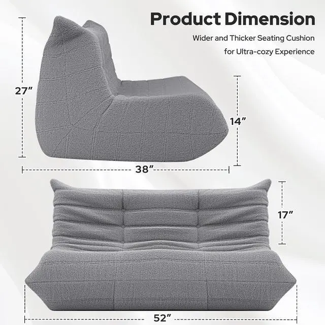 Alt view image 2 of 7 - Bean Bag Chairs Fireside Lazy Floor Sofa, Soft Teddy Fleece 2 Seater Sofa with High-Resilience Foam FillingBeanbag for Living Room, Bedroom, Office (Light Gray Teddy)