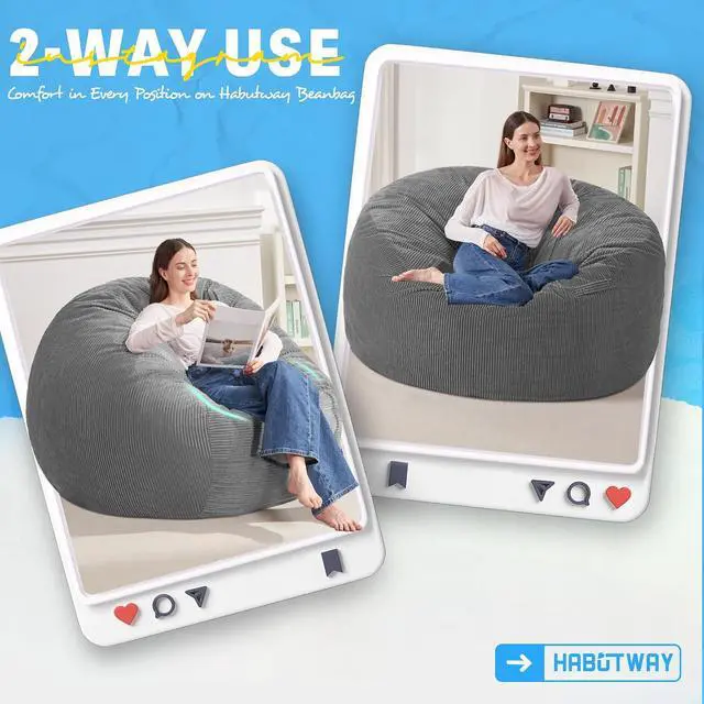 Alt view image 3 of 6 - 3FT Bean Bag Chair,Giant Bean Bag Chairs for Adults,Big Bean Bags with Memory Foam Filled, Large Beanbag Chairs with Soft Corduroy Cover-Grey