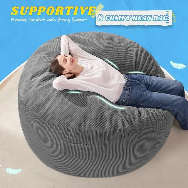 Alt view image 5 of 6 - 3FT Bean Bag Chair,Giant Bean Bag Chairs for Adults,Big Bean Bags with Memory Foam Filled, Large Beanbag Chairs with Soft Corduroy Cover-Grey