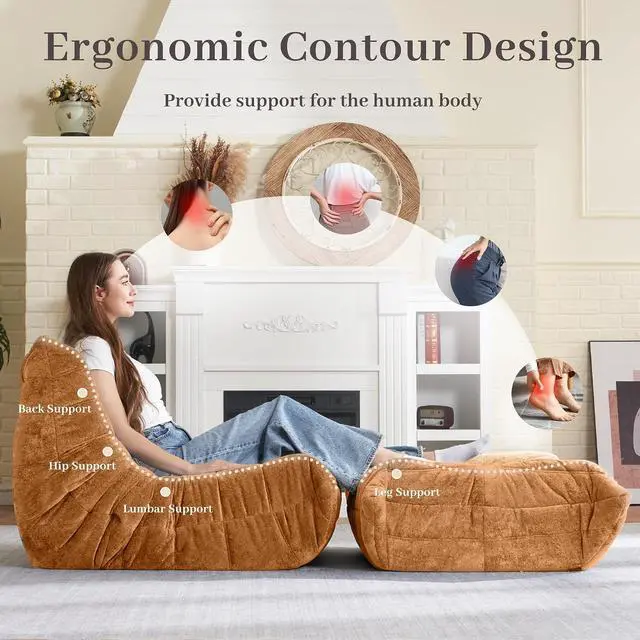 Alt view image 7 of 7 - Bean Bag Ottoman,Foot Rest,Fireside Chair Memory Foam Lazy Bean Bag Sofa for Living Room,Bedroom,Dorm,Office (Ottoman-Brown)