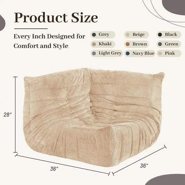 Alt view image 2 of 6 - Bean Bag Chair, Memory Foam Bean Bag Chairs for Adults, Fireside Corner Chair Lazy Floor Corner Sofa for Living Room, Bedroom, Dorm, Office (Khaki)