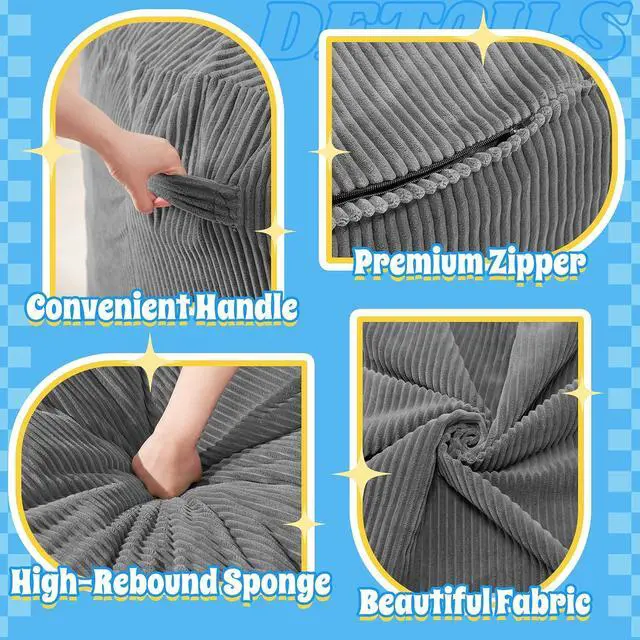 Alt view image 6 of 6 - 4FT Bean Bag Chair,Giant Bean Bag Chairs for Adults,Big Bean Bags with Memory Foam Filled, Large Beanbag Chairs with Soft Corduroy Cover-Grey