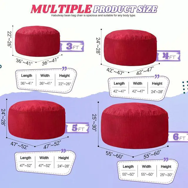 Alt view image 2 of 6 - 4FT Bean Bag Chair,Giant Bean Bag Chairs for Adults,Big Bean Bags with Memory Foam Filled, Large Beanbag Chairs with Soft Corduroy Cover-RED