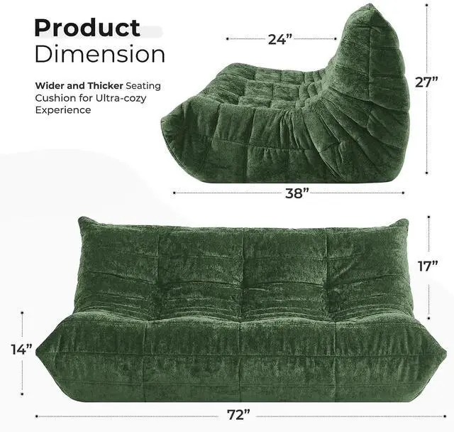 Alt view image 2 of 7 - Bean Bag Chair, Giant Bean Bag Chairs for Adults, 3 Seater Fireside Chair, Lazy Large Floor Bean Bag Sofa for Living Room, Bedroom, Dorm, Office (Green)