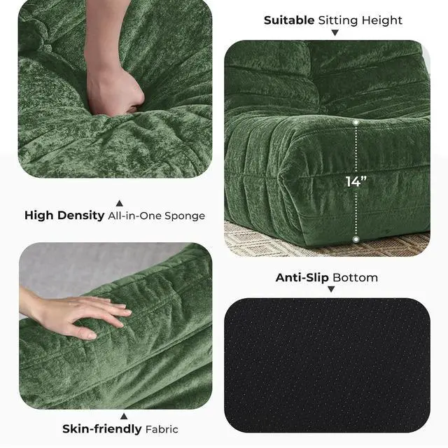 Alt view image 3 of 7 - Bean Bag Chair, Giant Bean Bag Chairs for Adults, 3 Seater Fireside Chair, Lazy Large Floor Bean Bag Sofa for Living Room, Bedroom, Dorm, Office (Green)