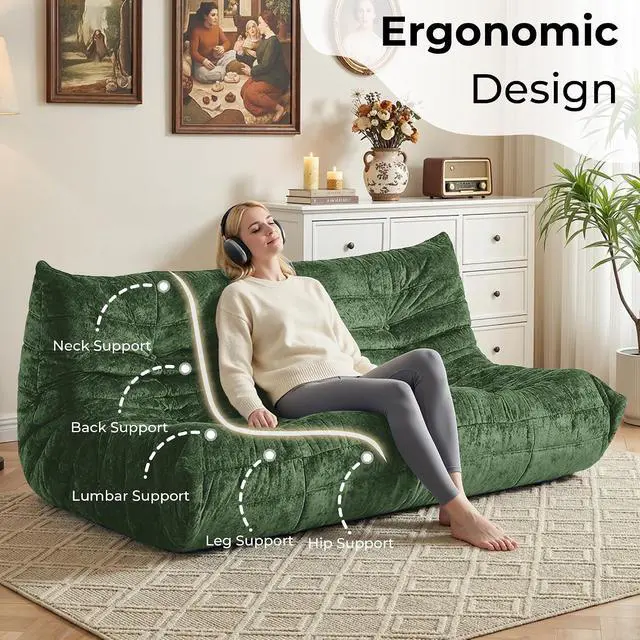 Alt view image 4 of 7 - Bean Bag Chair, Giant Bean Bag Chairs for Adults, 3 Seater Fireside Chair, Lazy Large Floor Bean Bag Sofa for Living Room, Bedroom, Dorm, Office (Green)