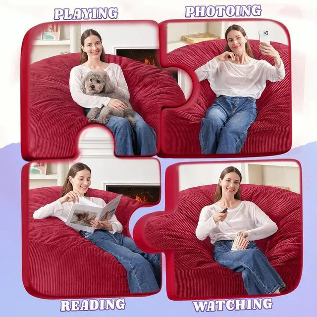 Alt view image 4 of 6 - 4FT Bean Bag Chair,Giant Bean Bag Chairs for Adults,Big Bean Bags with Memory Foam Filled, Large Beanbag Chairs with Soft Corduroy Cover-RED