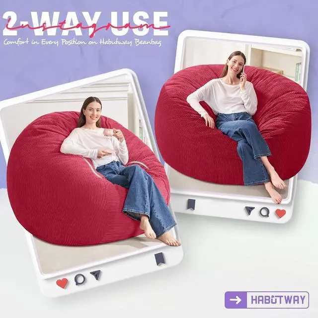 Alt view image 3 of 6 - 5FT Bean Bag Chair,Giant Bean Bag Chairs for Adults,Big Bean Bags with Memory Foam Filled, Large Beanbag Chairs with Soft Corduroy Cover-RED