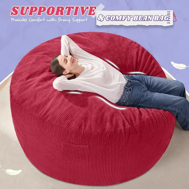 Alt view image 5 of 6 - 5FT Bean Bag Chair,Giant Bean Bag Chairs for Adults,Big Bean Bags with Memory Foam Filled, Large Beanbag Chairs with Soft Corduroy Cover-RED