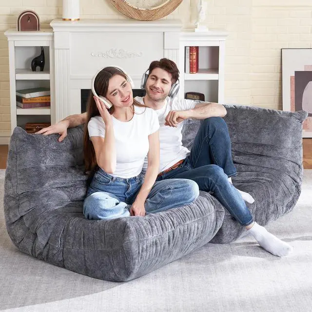 Alt view image 3 of 7 - Bean Bag Chair, Memory Foam Bean Bag Chairs for Adults, Fireside Corner Chair Lazy Floor Corner Sofa for Living Room, Bedroom, Dorm, Office (Grey)