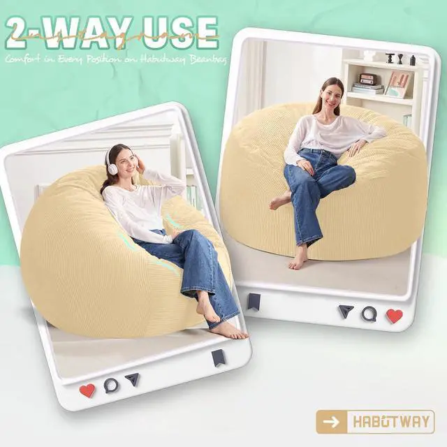 Alt view image 3 of 6 - 4FT Bean Bag Chair,Giant Bean Bag Chairs for Adults,Big Bean Bags with Memory Foam Filled, Large Beanbag Chairs with Soft Corduroy Cover-Khaki