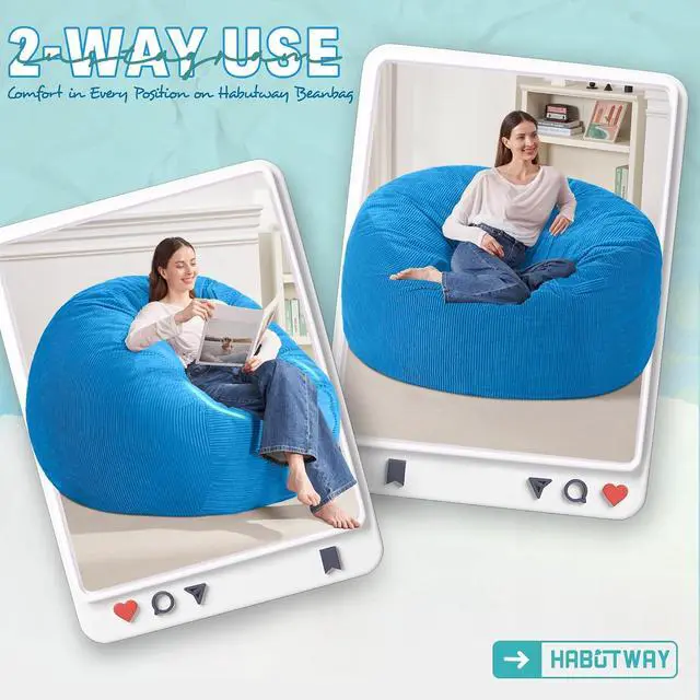 Alt view image 3 of 6 - 3FT Bean Bag Chair,Giant Bean Bag Chairs for Adults,Big Bean Bags with Memory Foam Filled, Large Beanbag Chairs with Soft Corduroy Cover-Blue