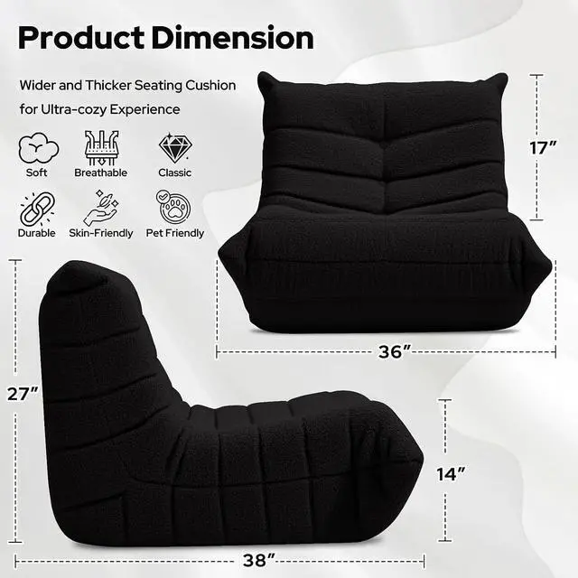 Alt view image 2 of 6 - Bean Bag Chairs Fireside Lazy Floor Sofa, Soft Teddy Fleece Bean Bag Sofa with High-Resilience Foam FillingBeanbag for Living Room, Bedroom, Office (Black Teddy)