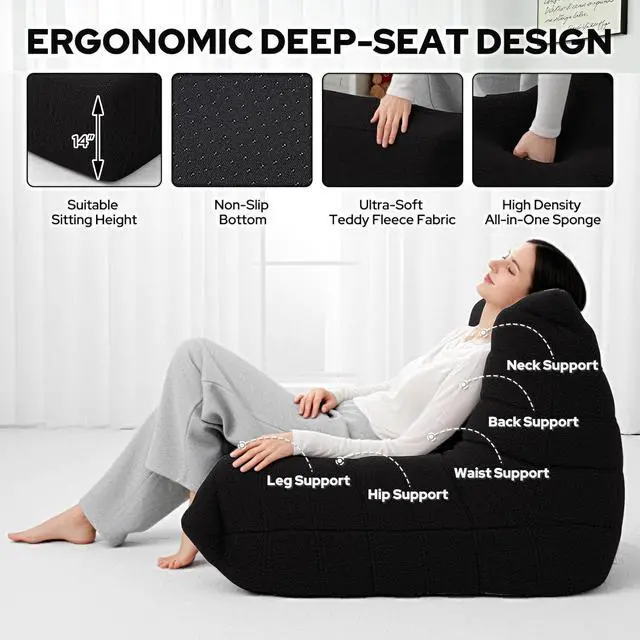 Alt view image 3 of 6 - Bean Bag Chairs Fireside Lazy Floor Sofa, Soft Teddy Fleece Bean Bag Sofa with High-Resilience Foam FillingBeanbag for Living Room, Bedroom, Office (Black Teddy)