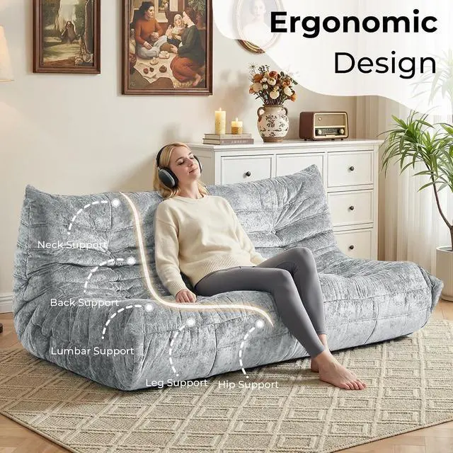 Alt view image 4 of 7 - Bean Bag Chair, Giant Bean Bag Chairs for Adults, 3 Seater Fireside Chair, Lazy Large Floor Bean Bag Sofa for Living Room, Bedroom, Dorm, Office (Light Grey)