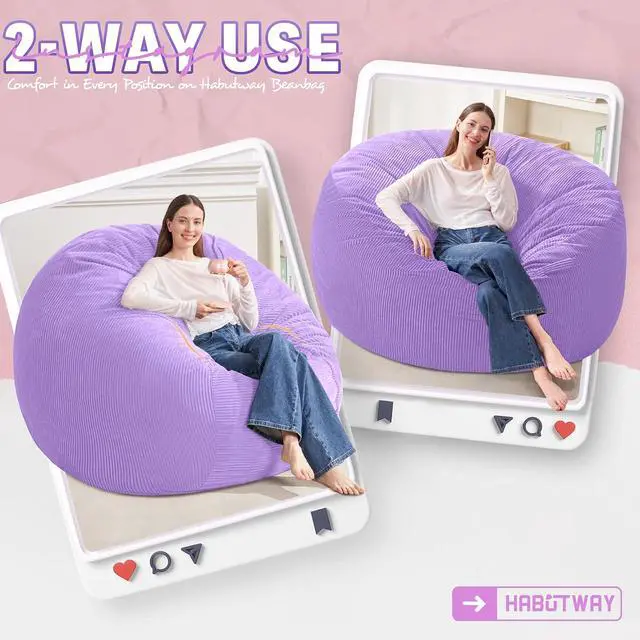 Alt view image 3 of 6 - 5FT Bean Bag Chair,Giant Bean Bag Chairs for Adults,Big Bean Bags with Memory Foam Filled, Large Beanbag Chairs with Soft Corduroy Cover-Purple