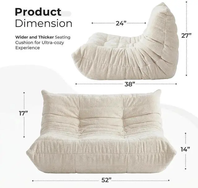 Alt view image 2 of 7 - Bean Bag Chair, Giant Bean Bag Chairs for Adults, Loveseat Fireside Chair, 2 Seater Lazy Bean Bag Sofa Memory Foam Couch for Living Room, Bedroom, Office (Beige)