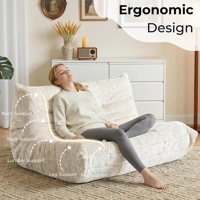 Alt view image 4 of 7 - Bean Bag Chair, Giant Bean Bag Chairs for Adults, Loveseat Fireside Chair, 2 Seater Lazy Bean Bag Sofa Memory Foam Couch for Living Room, Bedroom, Office (Beige)