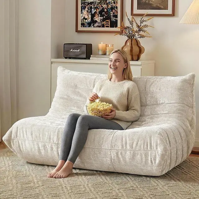 Alt view image 6 of 7 - Bean Bag Chair, Giant Bean Bag Chairs for Adults, Loveseat Fireside Chair, 2 Seater Lazy Bean Bag Sofa Memory Foam Couch for Living Room, Bedroom, Office (Beige)