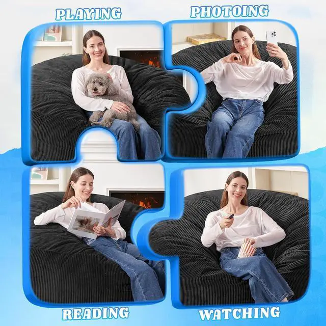 Alt view image 4 of 6 - 4FT Bean Bag Chair,Giant Bean Bag Chairs for Adults,Big Bean Bags with Memory Foam Filled, Large Beanbag Chairs with Soft Corduroy Cover-Black