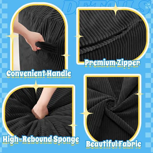 Alt view image 6 of 6 - 4FT Bean Bag Chair,Giant Bean Bag Chairs for Adults,Big Bean Bags with Memory Foam Filled, Large Beanbag Chairs with Soft Corduroy Cover-Black