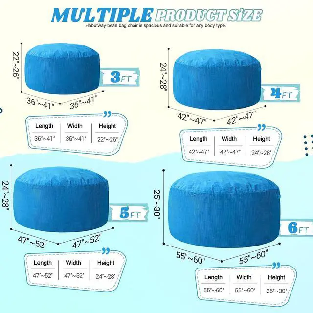 Alt view image 2 of 6 - 4FT Bean Bag Chair,Giant Bean Bag Chairs for Adults,Big Bean Bags with Memory Foam Filled, Large Beanbag Chairs with Soft Corduroy Cover-Blue