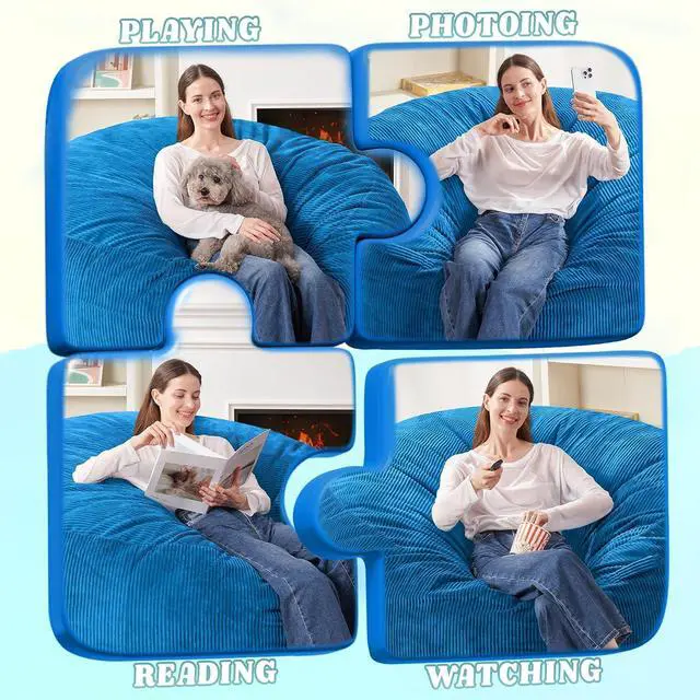 Alt view image 4 of 6 - 4FT Bean Bag Chair,Giant Bean Bag Chairs for Adults,Big Bean Bags with Memory Foam Filled, Large Beanbag Chairs with Soft Corduroy Cover-Blue