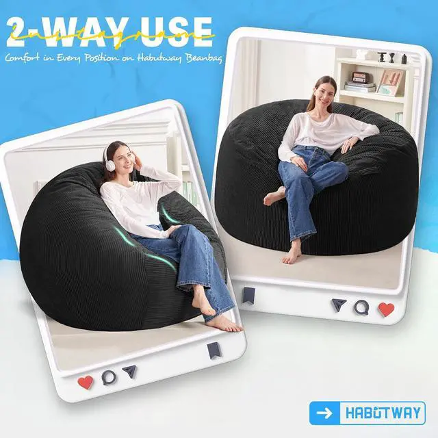Alt view image 3 of 6 - 4FT Bean Bag Chair,Giant Bean Bag Chairs for Adults,Big Bean Bags with Memory Foam Filled, Large Beanbag Chairs with Soft Corduroy Cover-Black