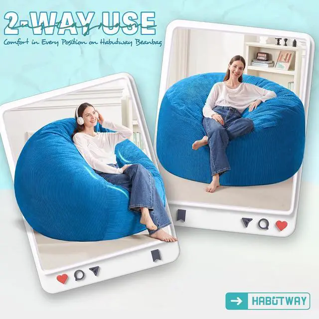 Alt view image 3 of 6 - 4FT Bean Bag Chair,Giant Bean Bag Chairs for Adults,Big Bean Bags with Memory Foam Filled, Large Beanbag Chairs with Soft Corduroy Cover-Blue