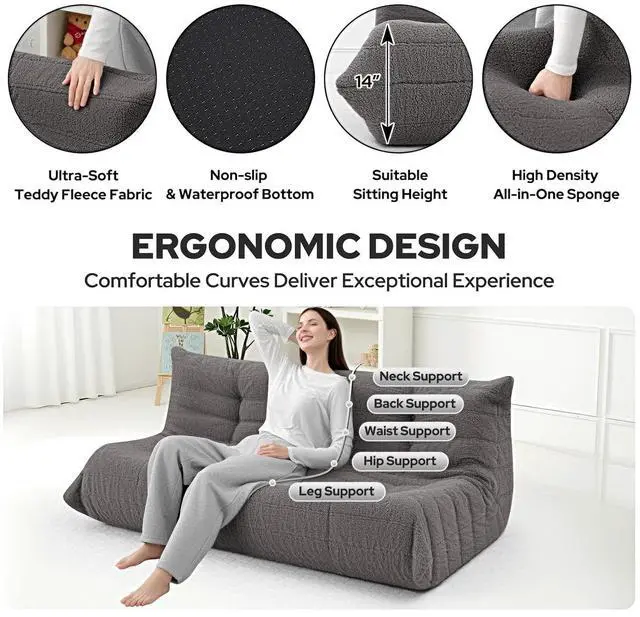 Alt view image 3 of 7 - Bean Bag Chairs Fireside Lazy Floor Sofa, Soft Teddy Fleece 3 Seater Sofa with High-Resilience Foam FillingBeanbag for Living Room, Bedroom, Office (Dark Grey Teddy)