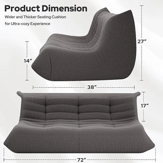 Alt view image 2 of 7 - Bean Bag Chairs Fireside Lazy Floor Sofa, Soft Teddy Fleece 3 Seater Sofa with High-Resilience Foam FillingBeanbag for Living Room, Bedroom, Office (Dark Grey Teddy)