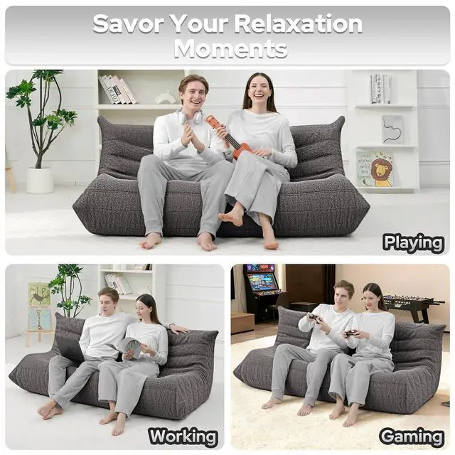 Alt view image 5 of 7 - Bean Bag Chairs Fireside Lazy Floor Sofa, Soft Teddy Fleece 3 Seater Sofa with High-Resilience Foam FillingBeanbag for Living Room, Bedroom, Office (Dark Grey Teddy)