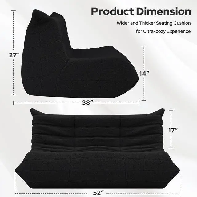 Alt view image 2 of 7 - Bean Bag Chairs Fireside Lazy Floor Sofa, Soft Teddy Fleece 2 Seater Sofa with High-Resilience Foam FillingBeanbag for Living Room, Bedroom, Office (Black Teddy)