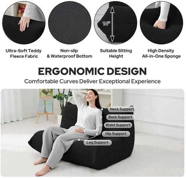 Alt view image 3 of 7 - Bean Bag Chairs Fireside Lazy Floor Sofa, Soft Teddy Fleece 2 Seater Sofa with High-Resilience Foam FillingBeanbag for Living Room, Bedroom, Office (Black Teddy)