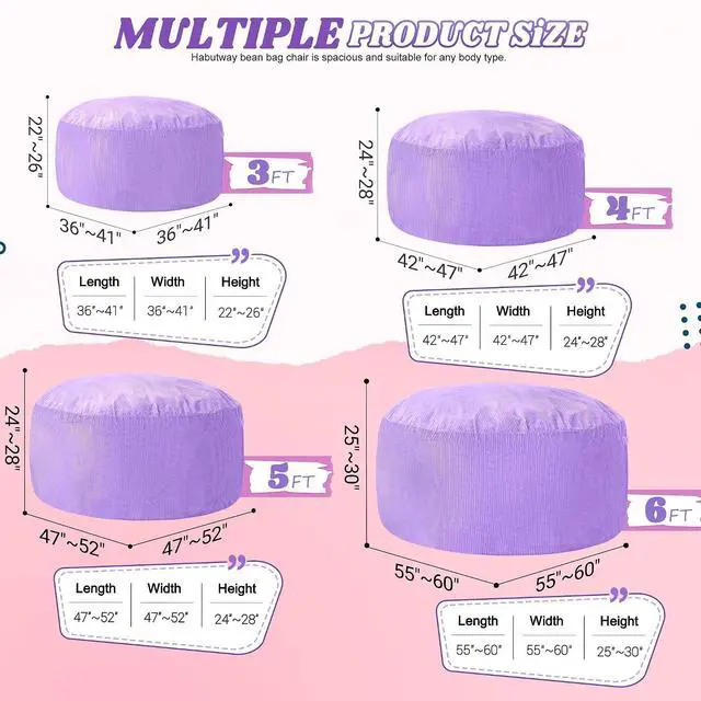 Alt view image 2 of 6 - 4FT Bean Bag Chair,Giant Bean Bag Chairs for Adults,Big Bean Bags with Memory Foam Filled, Large Beanbag Chairs with Soft Corduroy Cover-Purple