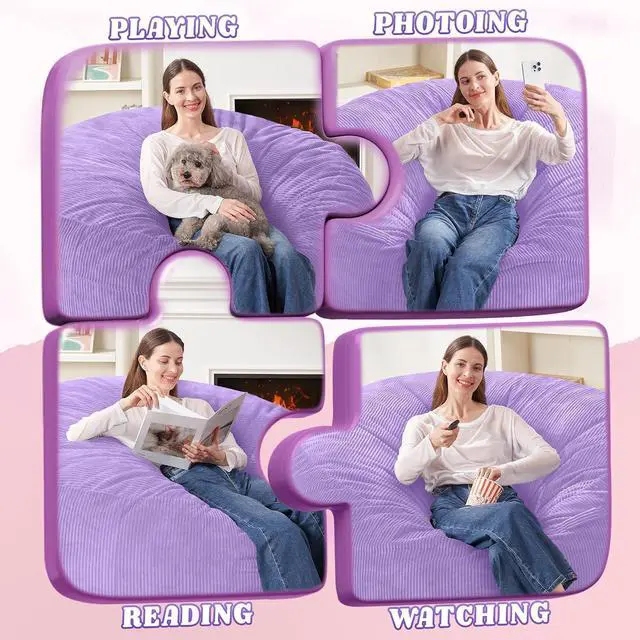 Alt view image 4 of 6 - 4FT Bean Bag Chair,Giant Bean Bag Chairs for Adults,Big Bean Bags with Memory Foam Filled, Large Beanbag Chairs with Soft Corduroy Cover-Purple