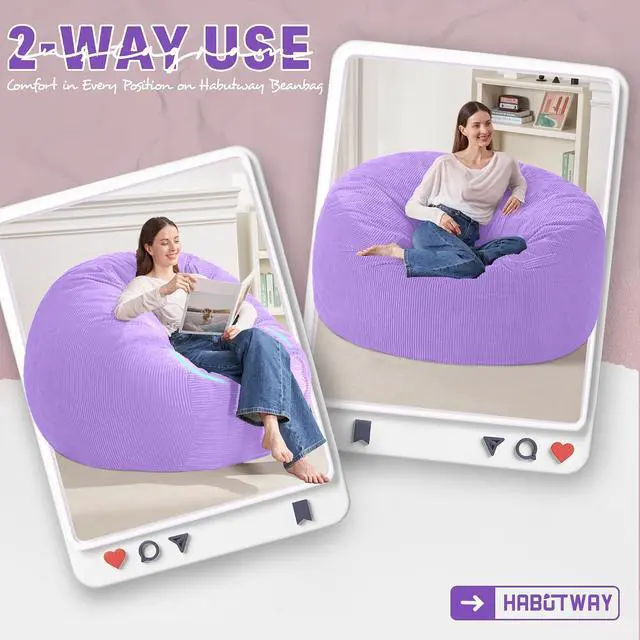 Alt view image 3 of 6 - 3FT Bean Bag Chair,Giant Bean Bag Chairs for Adults,Big Bean Bags with Memory Foam Filled, Large Beanbag Chairs with Soft Corduroy Cover-Purple