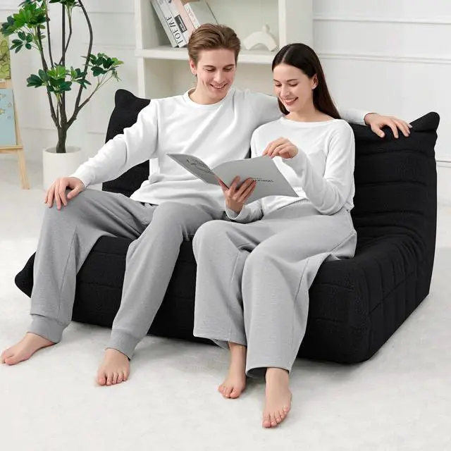 Alt view image 4 of 7 - Bean Bag Chairs Fireside Lazy Floor Sofa, Soft Teddy Fleece 2 Seater Sofa with High-Resilience Foam FillingBeanbag for Living Room, Bedroom, Office (Black Teddy)