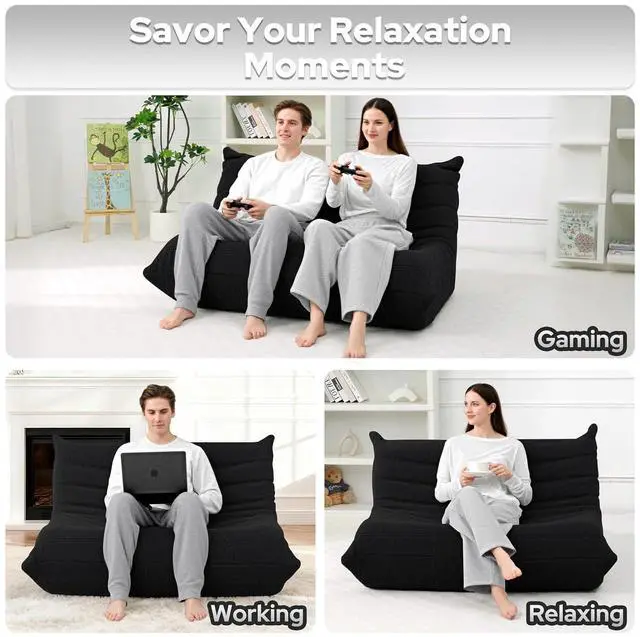 Alt view image 5 of 7 - Bean Bag Chairs Fireside Lazy Floor Sofa, Soft Teddy Fleece 2 Seater Sofa with High-Resilience Foam FillingBeanbag for Living Room, Bedroom, Office (Black Teddy)