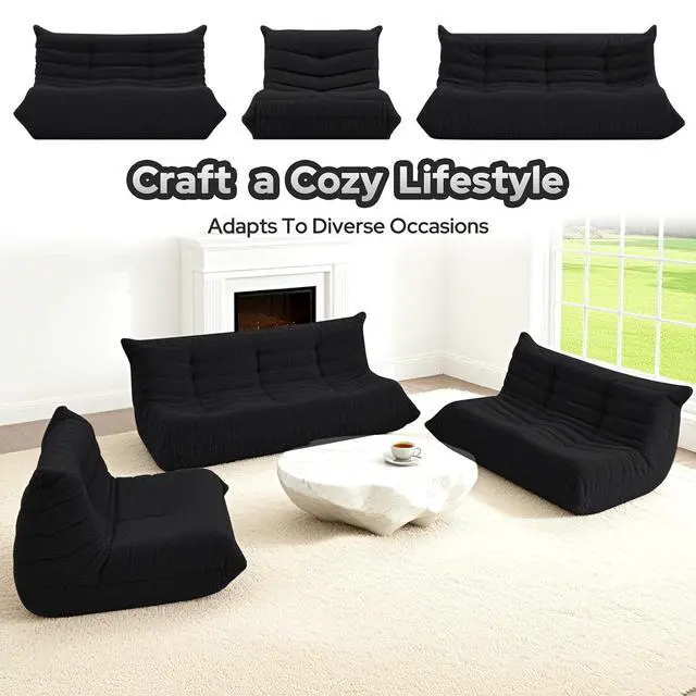 Alt view image 6 of 7 - Bean Bag Chairs Fireside Lazy Floor Sofa, Soft Teddy Fleece 2 Seater Sofa with High-Resilience Foam FillingBeanbag for Living Room, Bedroom, Office (Black Teddy)