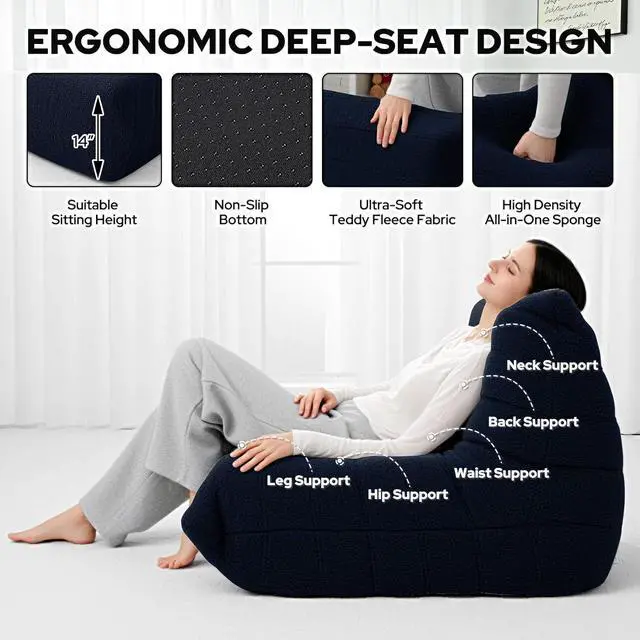 Alt view image 3 of 6 - Bean Bag Chairs Fireside Lazy Floor Sofa, Soft Teddy Fleece Bean Bag Sofa with High-Resilience Foam FillingBeanbag for Living Room, Bedroom, Office (Navy Blue Teddy)