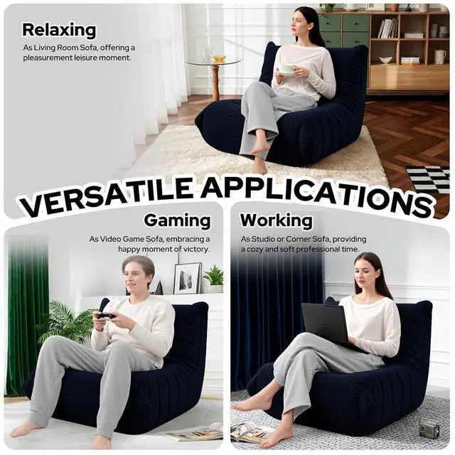 Alt view image 5 of 6 - Bean Bag Chairs Fireside Lazy Floor Sofa, Soft Teddy Fleece Bean Bag Sofa with High-Resilience Foam FillingBeanbag for Living Room, Bedroom, Office (Navy Blue Teddy)
