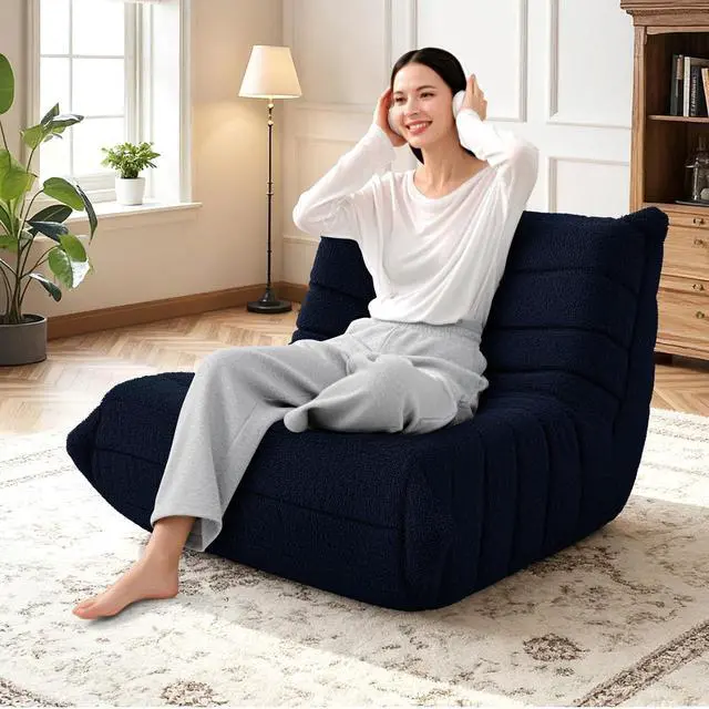 Alt view image 4 of 6 - Bean Bag Chairs Fireside Lazy Floor Sofa, Soft Teddy Fleece Bean Bag Sofa with High-Resilience Foam FillingBeanbag for Living Room, Bedroom, Office (Navy Blue Teddy)