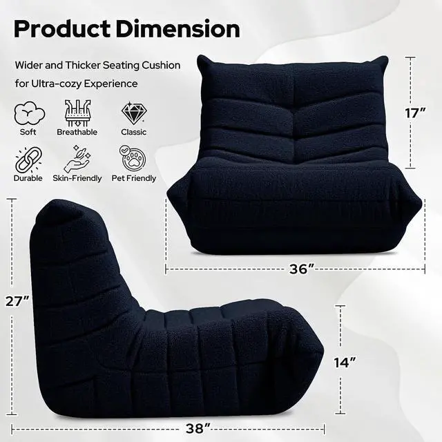 Alt view image 2 of 6 - Bean Bag Chairs Fireside Lazy Floor Sofa, Soft Teddy Fleece Bean Bag Sofa with High-Resilience Foam FillingBeanbag for Living Room, Bedroom, Office (Navy Blue Teddy)
