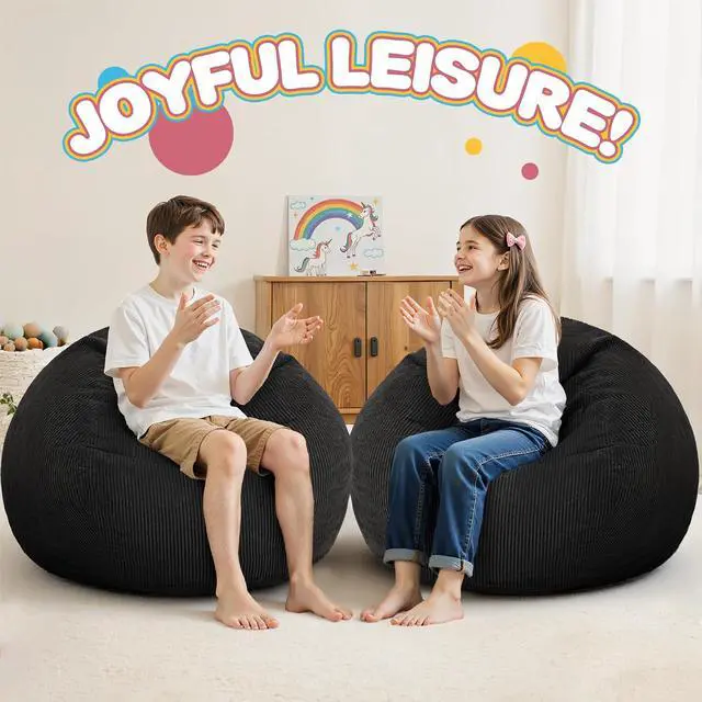 Alt view image 6 of 7 - 2Pcs of 2FT Bean Bag Chair,Giant Bean Bag Chairs for Teens Adults,Big Bean Bags with Memory Foam Filled, Large Beanbag Chairs with Soft Corduroy Cover-Black