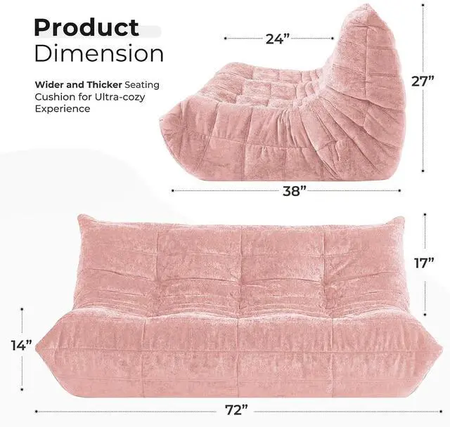 Alt view image 2 of 7 - Bean Bag Chair, Giant Bean Bag Chairs for Adults, 3 Seater Fireside Chair, Lazy Large Floor Bean Bag Sofa for Living Room, Bedroom, Dorm, Office (Pink)