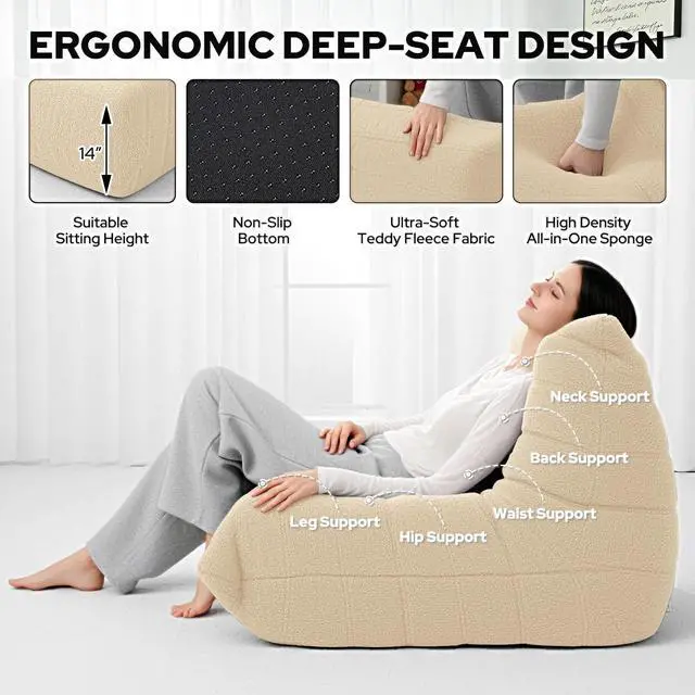 Alt view image 3 of 6 - Bean Bag Chairs Fireside Lazy Floor Sofa, Soft Teddy Fleece Bean Bag Sofa with High-Resilience Foam FillingBeanbag for Living Room, Bedroom, Office (Khaki Teddy)