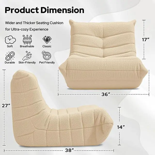 Alt view image 2 of 6 - Bean Bag Chairs Fireside Lazy Floor Sofa, Soft Teddy Fleece Bean Bag Sofa with High-Resilience Foam FillingBeanbag for Living Room, Bedroom, Office (Khaki Teddy)
