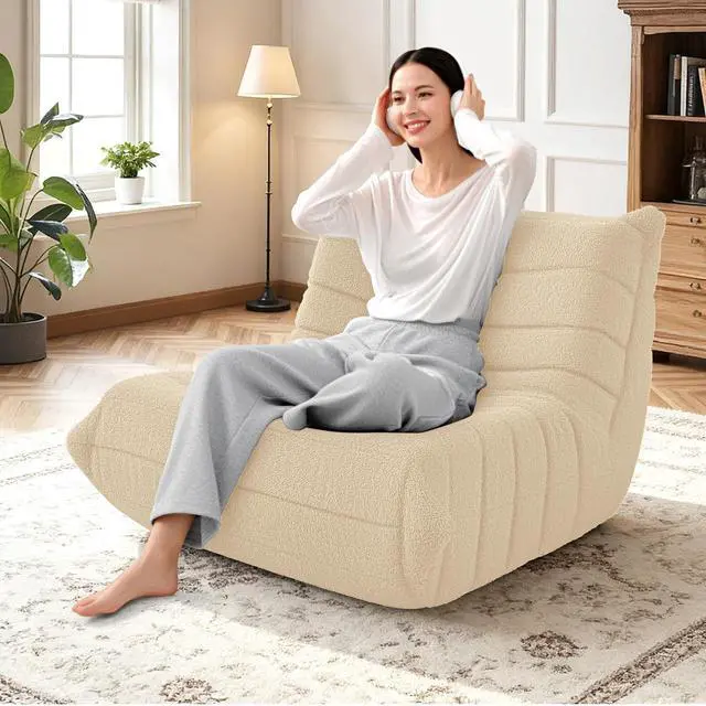 Alt view image 4 of 6 - Bean Bag Chairs Fireside Lazy Floor Sofa, Soft Teddy Fleece Bean Bag Sofa with High-Resilience Foam FillingBeanbag for Living Room, Bedroom, Office (Khaki Teddy)
