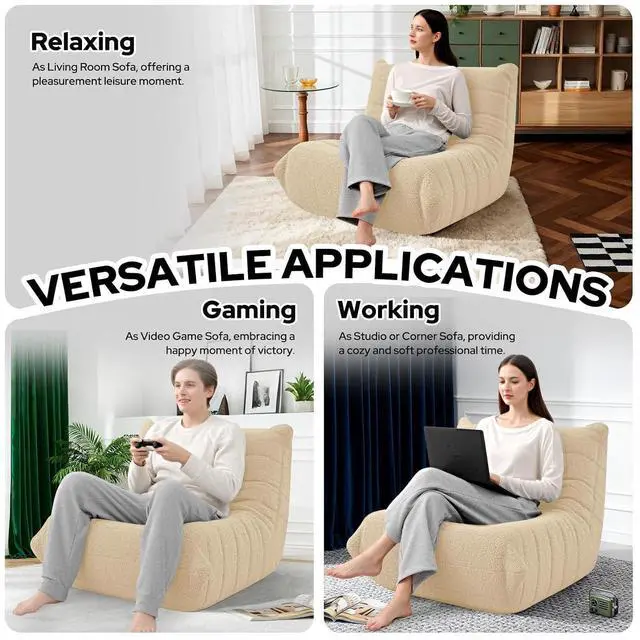 Alt view image 5 of 6 - Bean Bag Chairs Fireside Lazy Floor Sofa, Soft Teddy Fleece Bean Bag Sofa with High-Resilience Foam FillingBeanbag for Living Room, Bedroom, Office (Khaki Teddy)